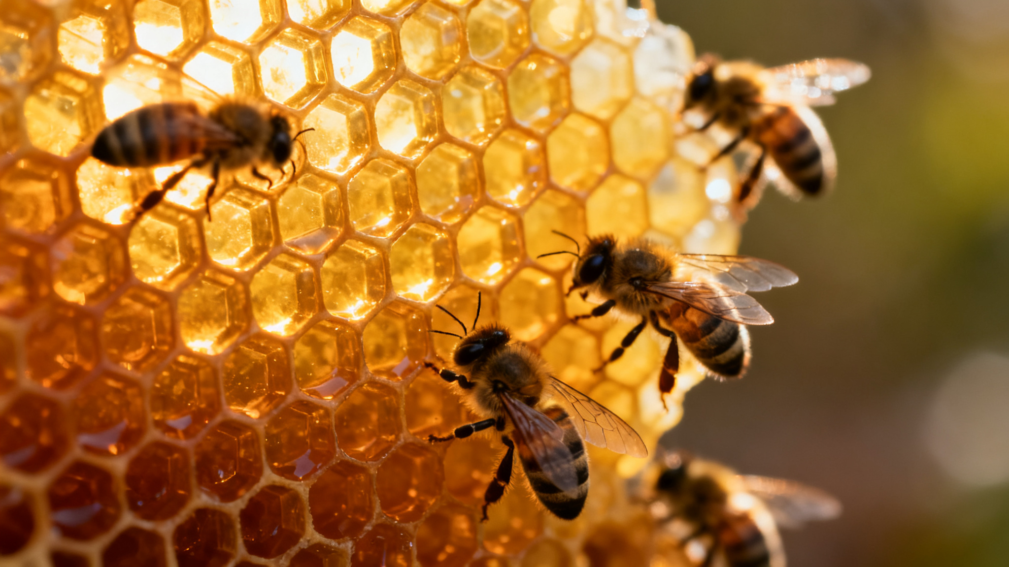 Honeybees crawling across backlit golden honeycomb