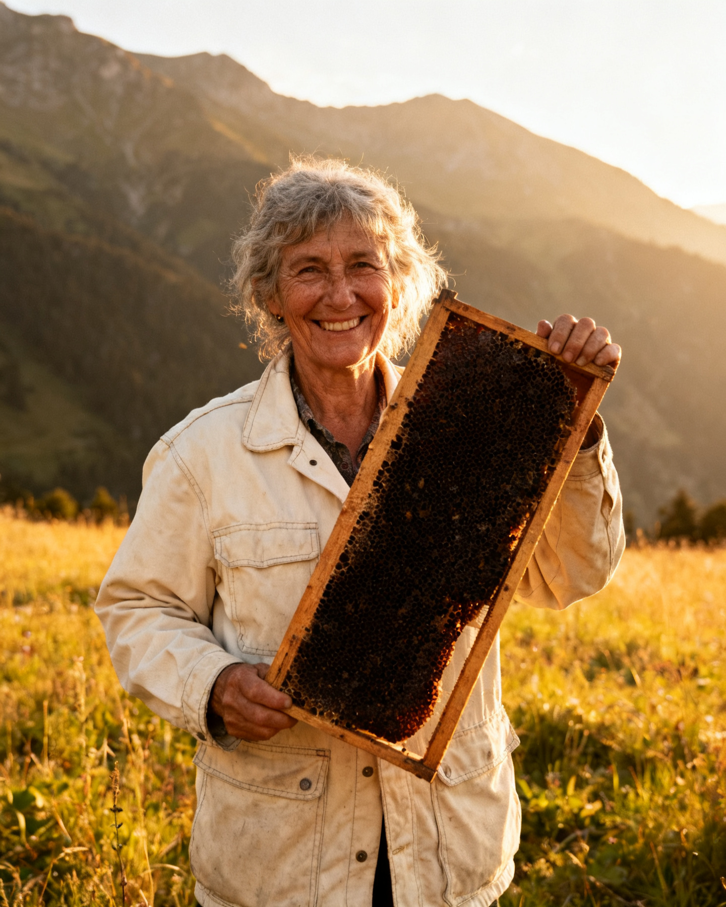 June Mercer holding a frame of honeycomb in the meadow at golden hour