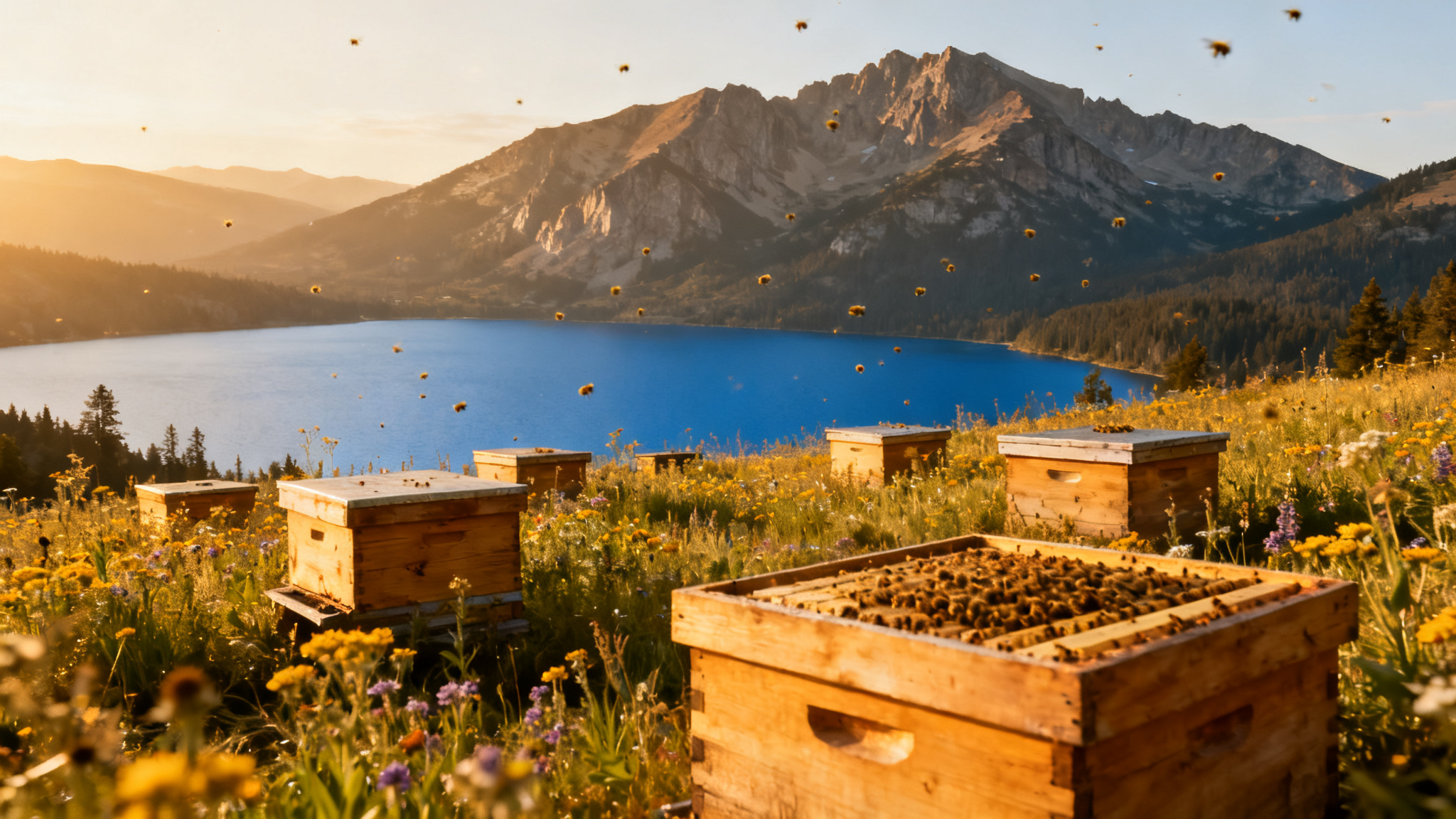 Wildmere hives in a wildflower meadow above Flathead Lake at golden hour