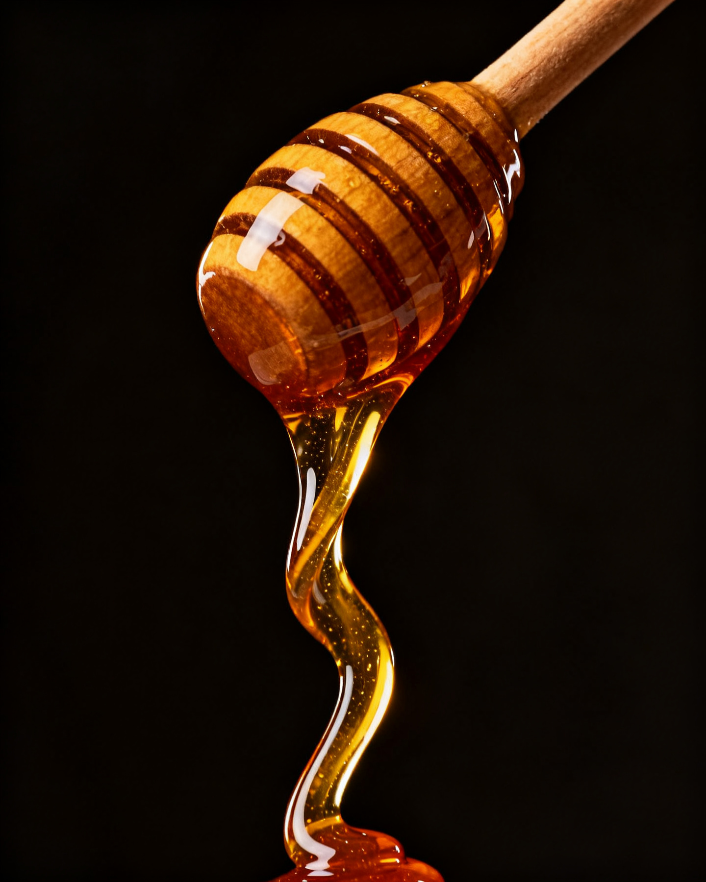 Raw honey pouring in a glossy ribbon from a wooden dipper